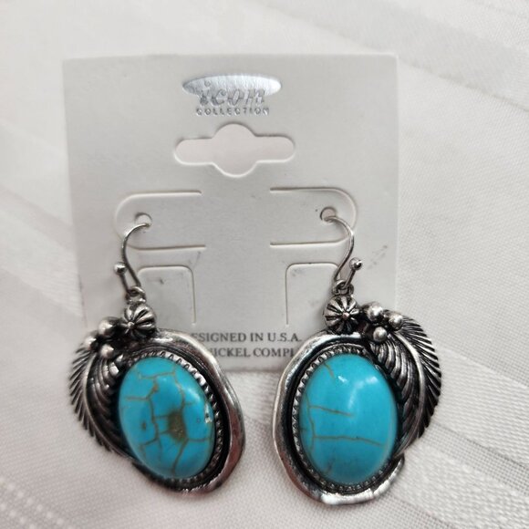 ICON Feather Framed Faux Turquoise Earrings NWT - Picture 2 of 4